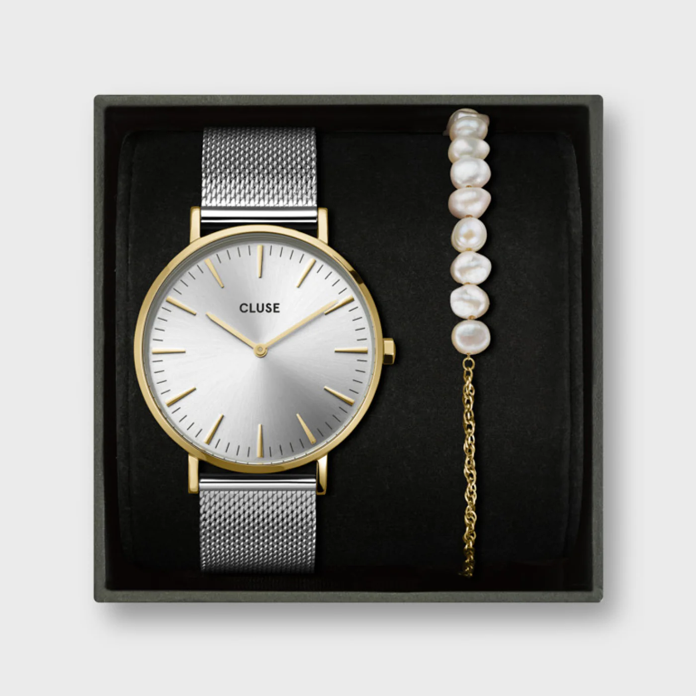 Gift Box Boho Chic Watch Mesh, Two-Tone & Mixed Chain Pearl Bracelet, Gold Colour