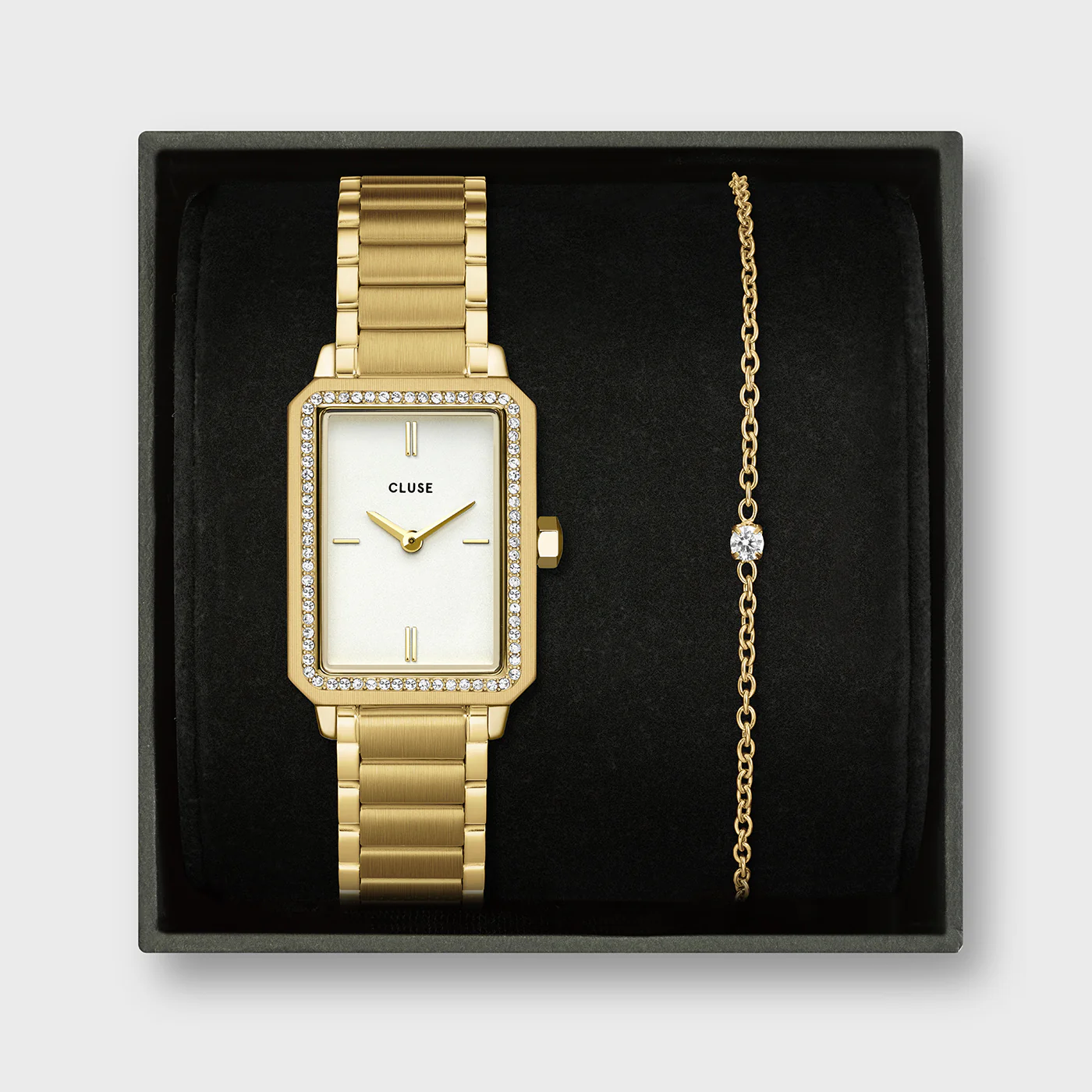 Gift Box Fluette Watch Steel, White Stones & Zircon Bracelet, Gold Colour
