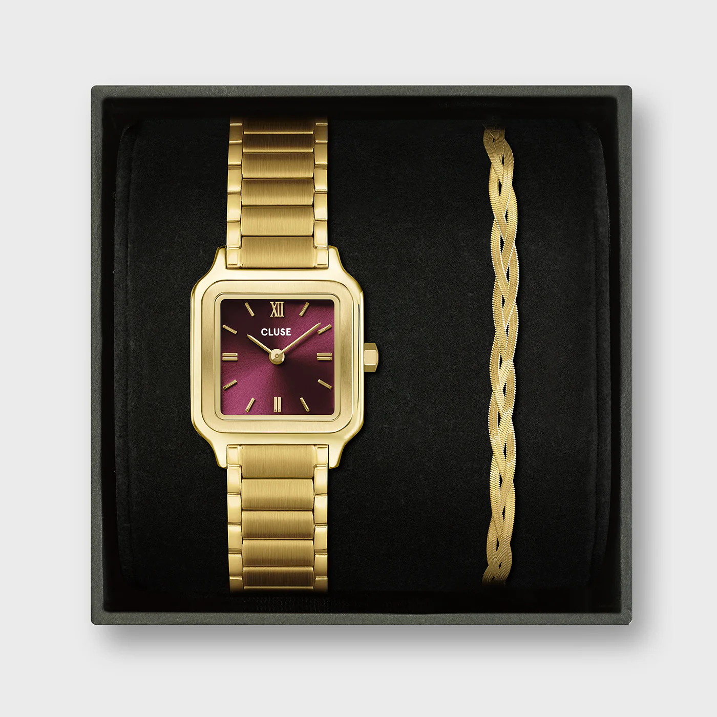 Gift Box Gracieuse Petite Watch Steel, Dark Cherry & Braided Snake Bracelet, Gold Colour