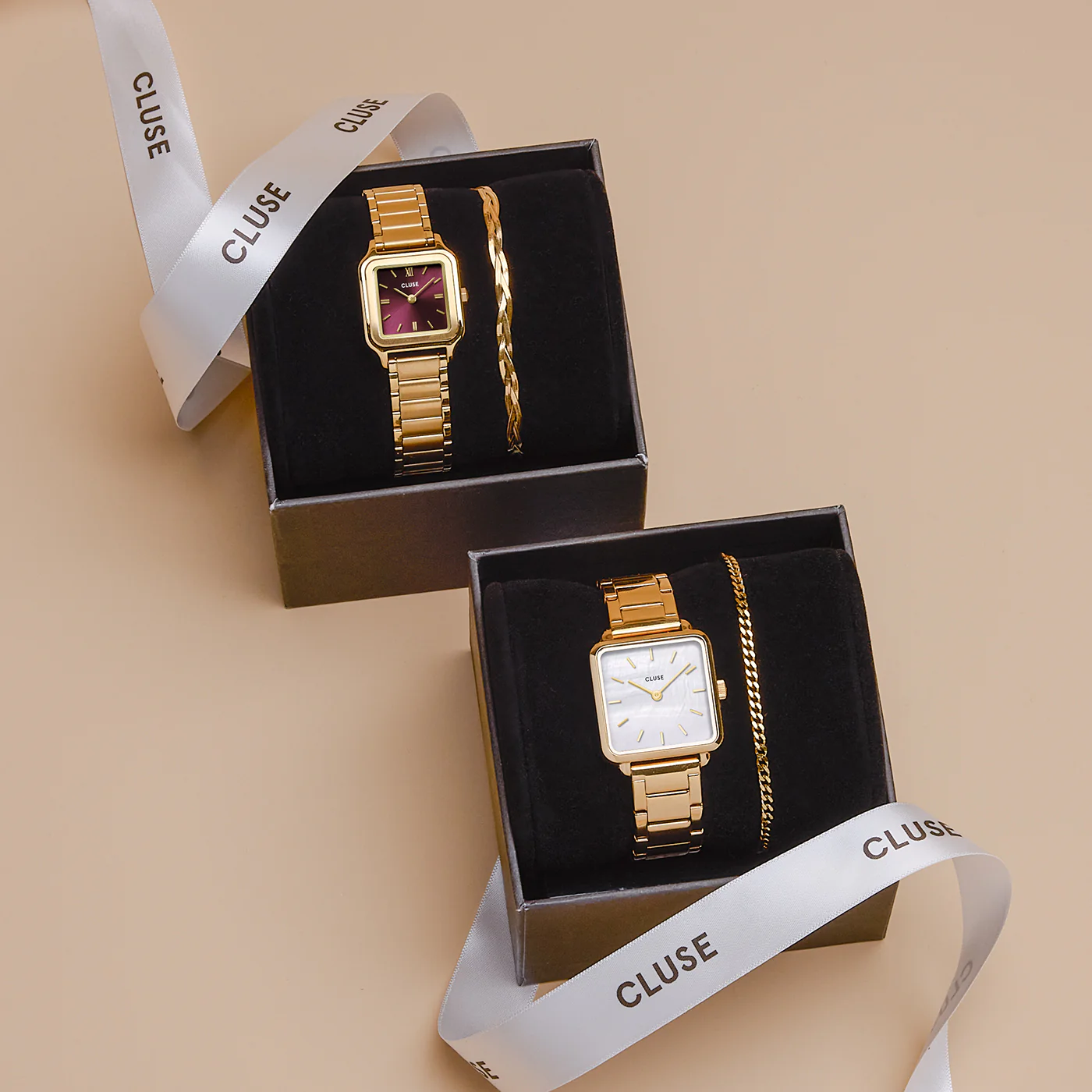 Gift Box Gracieuse Petite Watch Steel, Dark Cherry & Braided Snake Bracelet, Gold Colour - Image 11