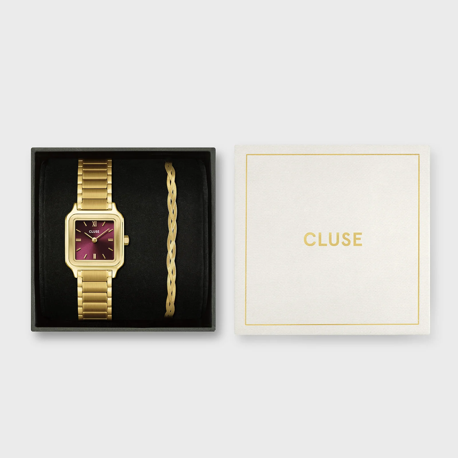 Gift Box Gracieuse Petite Watch Steel, Dark Cherry & Braided Snake Bracelet, Gold Colour - Image 7