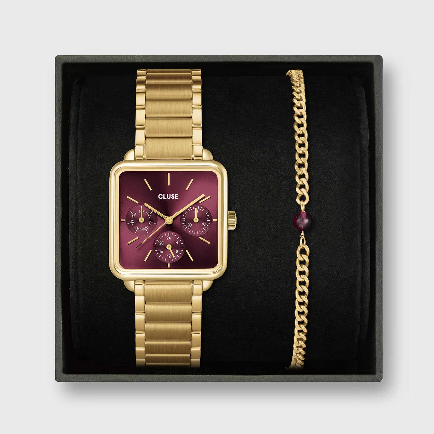 Gift Box La Tétragone Multifunction Watch Steel, Dark Cherry & Bead Bracelet, Gold Colour
