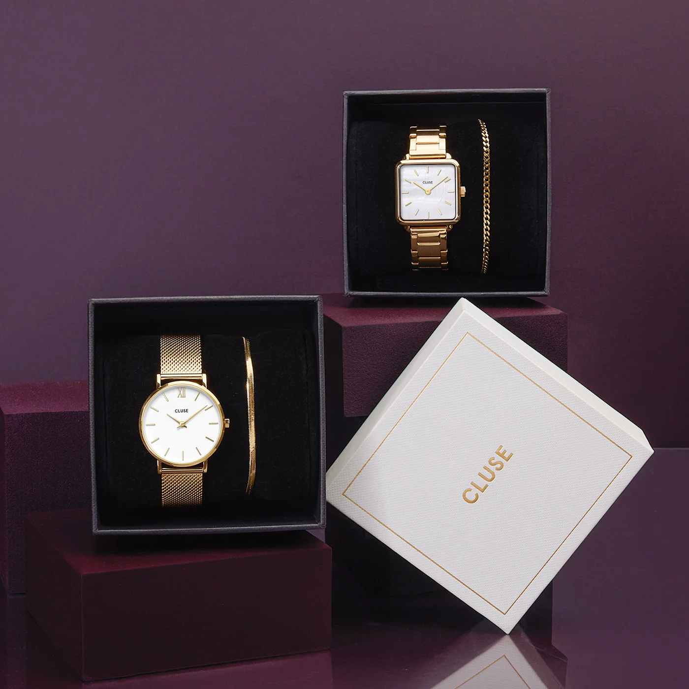 Gift Box La Tétragone Watch Steel, White Pearl & Curb Chain Bracelet, Gold Colour - Image 11