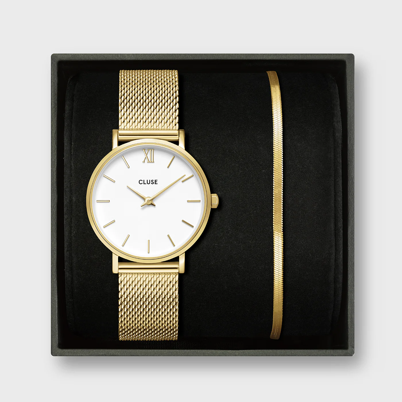 Gift Box Minuit Watch Mesh, White & Flat Snake Bracelet, Gold Colour