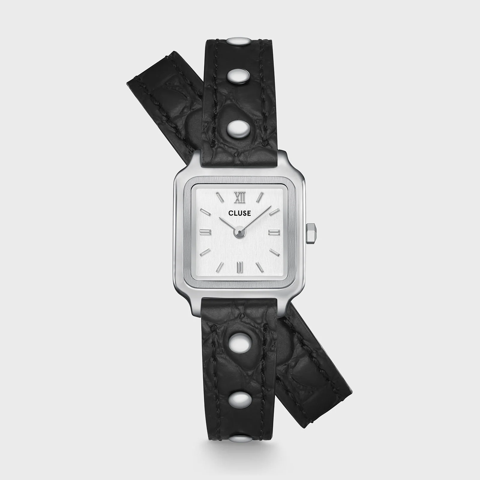 Gracieuse Mini Watch Double Leather Black, Studs, Silver Colour