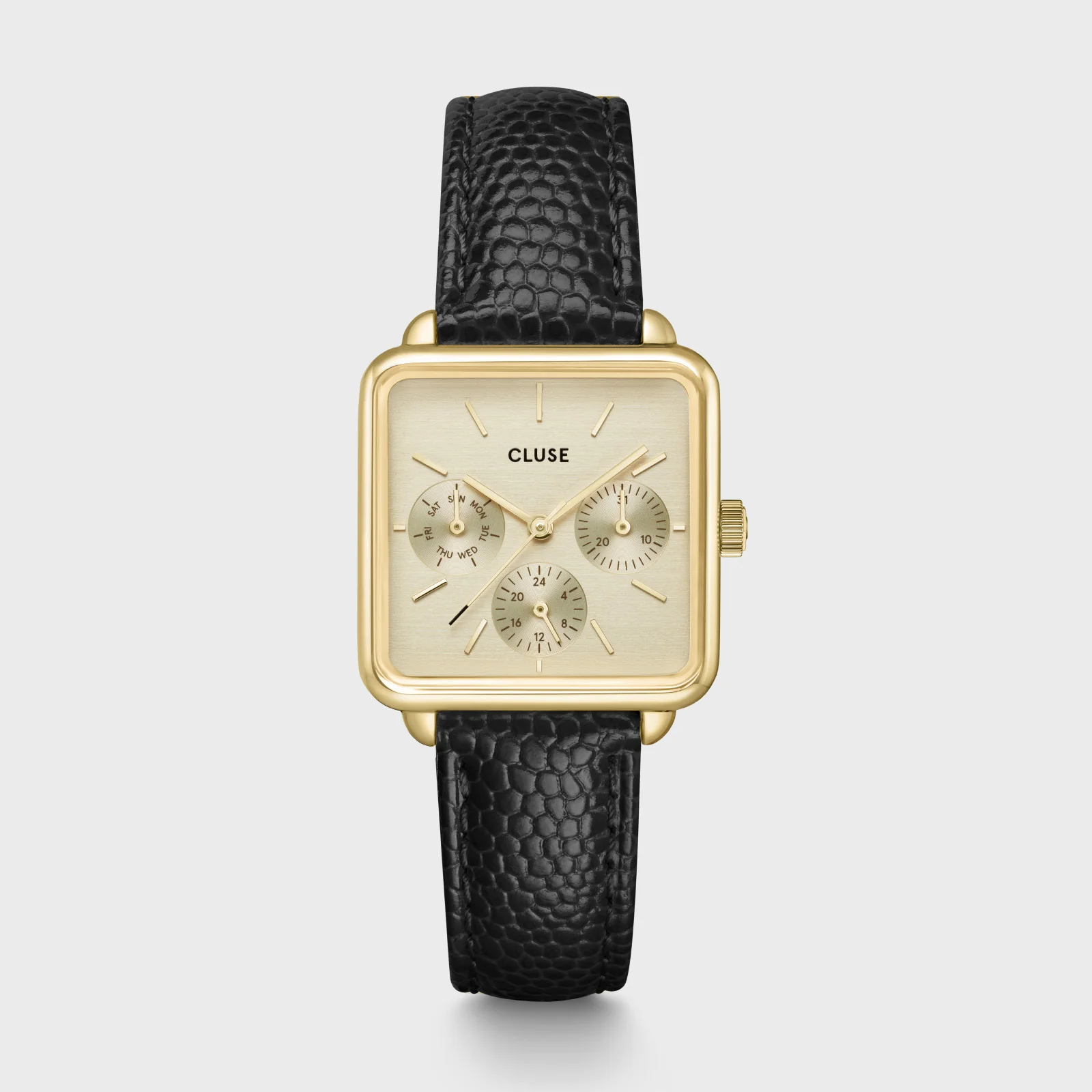 La Tétragone Multifunction Watch Leather, Black Lizard, Gold Colour